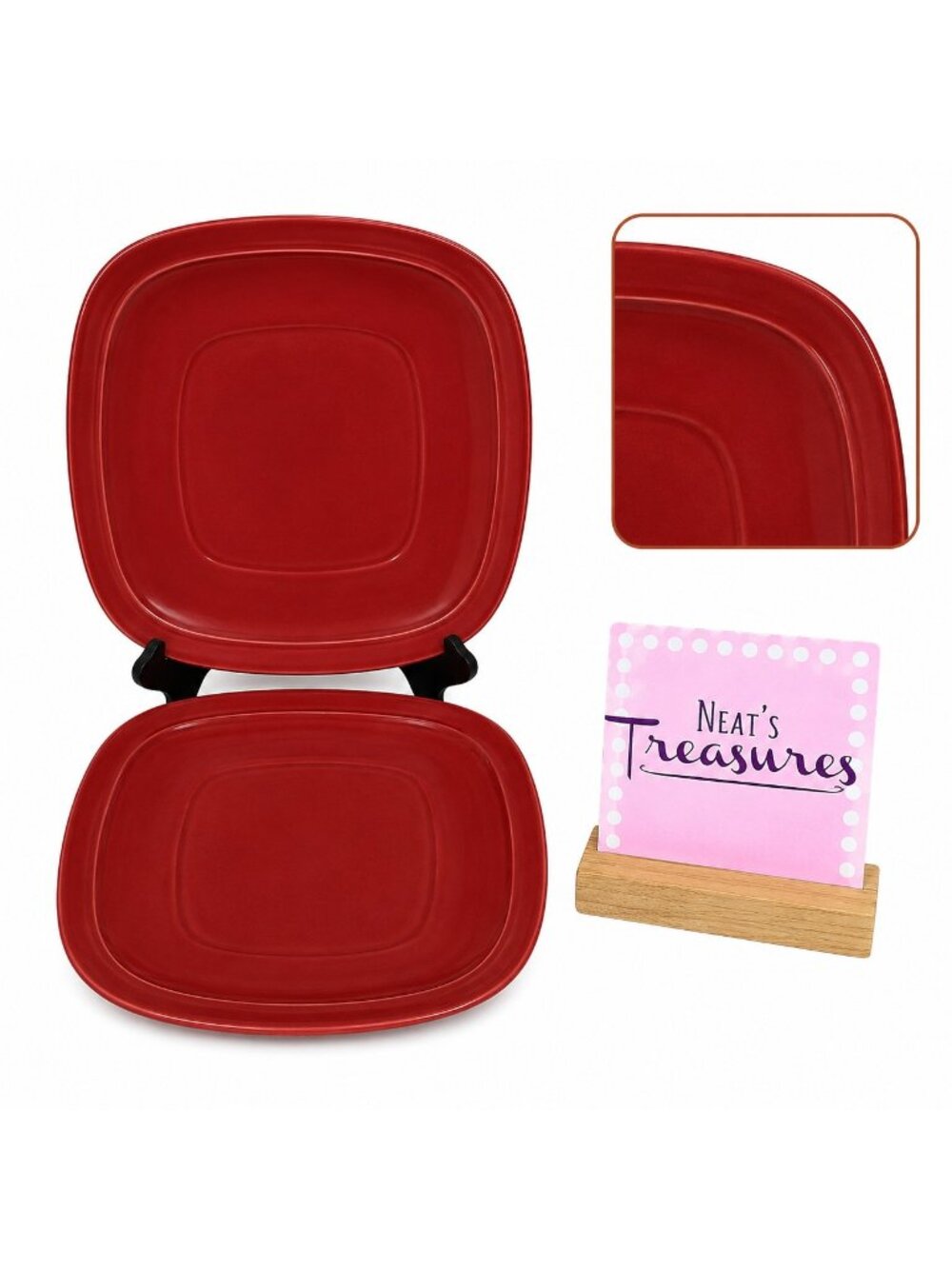 Home Trends CANOPY RED Cranberry Embossed Square Porcelain Dinner Plates Set 2